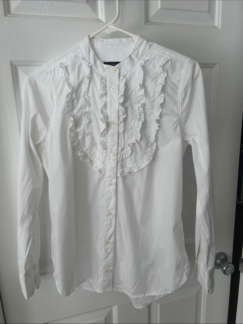 J. Crew White Ruffle Bib Button-Up Shirt